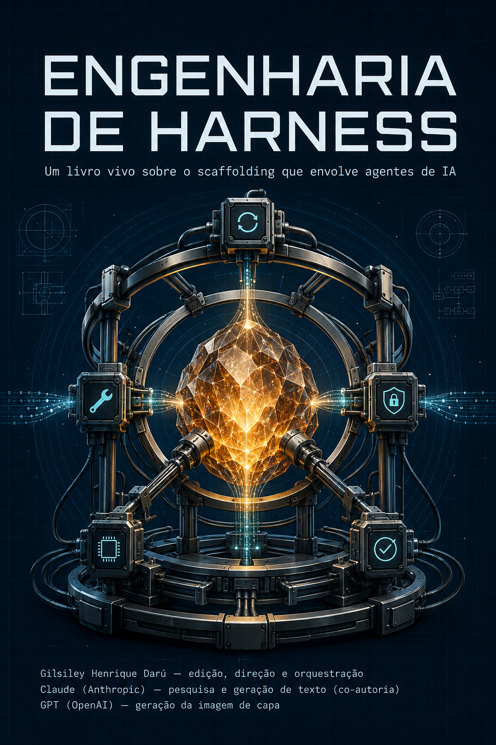 Capa de Engenharia de Harness: um núcleo de IA luminoso, em âmbar, envolto por um harness de engenharia com módulos de loop, ferramenta, permissões, memória e verificação, sobre fundo azul-escuro com traços de blueprint.